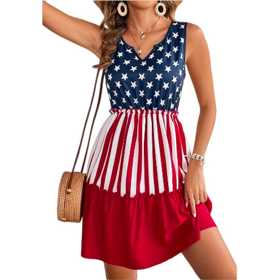 American Flag Sleeveless Mini Dress - Elegant V-neck Ruffled Hem Short Skirt